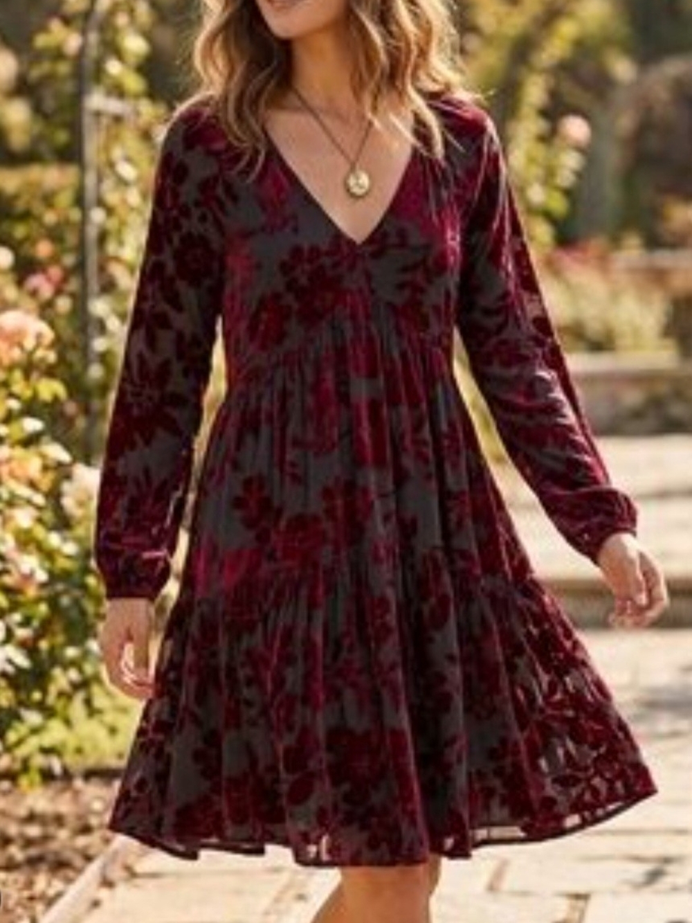 Taylor Black and Burgundy Floral Velvet V-Neck Long Sleeve Dress